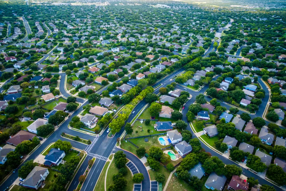 Aerial view of suburban single-family homes